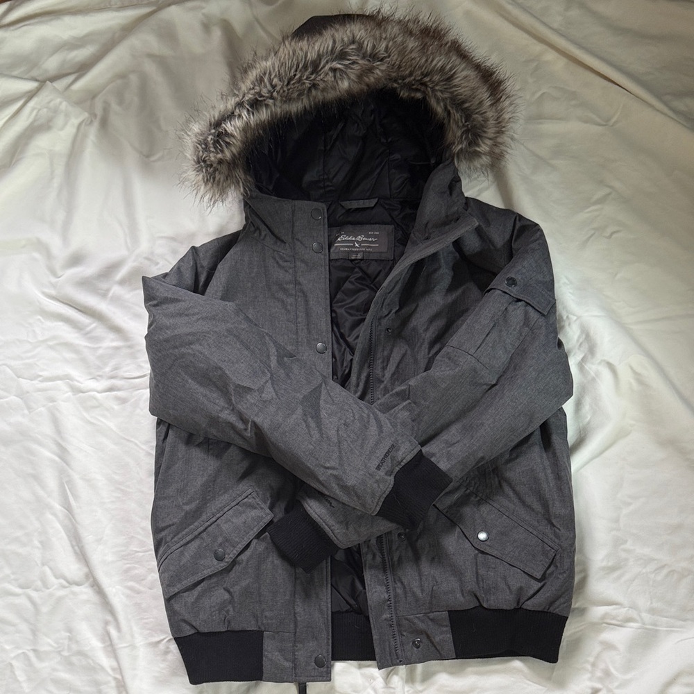 Eddie Bauer Down Bomber Jacket with removable Faux Fur Hood